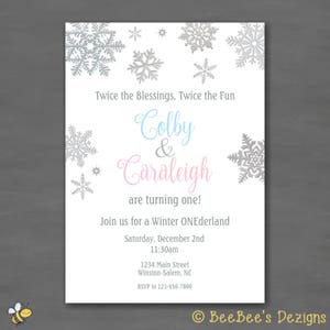 Twin Winter Onederland Wonderland Birthday Party Invitation-- Pink Blue Girl Boy Snowflake Birthday Printable or Printed Invitations