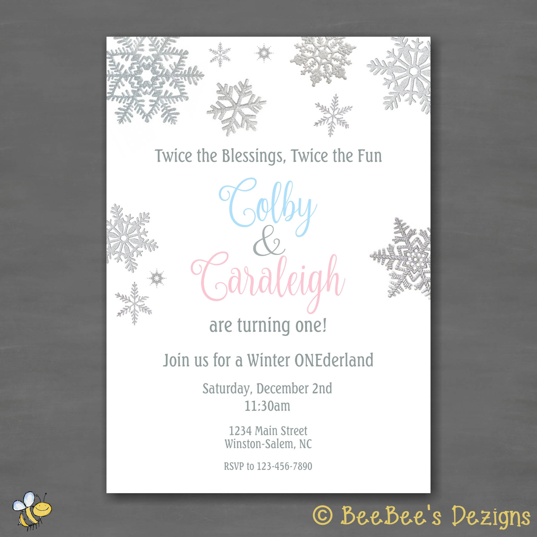 Twin Winter Onederland Wonderland Birthday Party Invitation Pink Blue Girl Boy Snowflake Birthday Printable or Printed