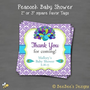Peacock Baby Shower Favor Gift Tag Sticker Label; Square Tag--Custom Printable; Purple Teal Green Damask