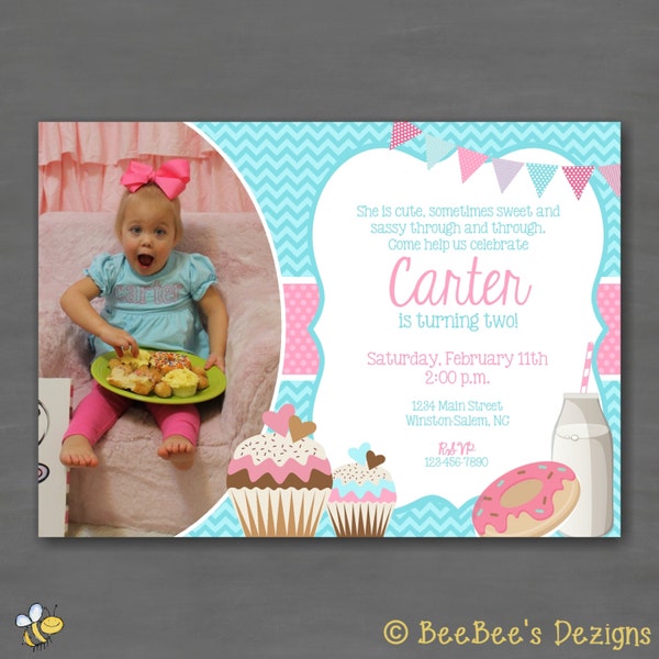 Sweet Cupcakes & Doughnuts Photo Birthday Invitation--Printable Invitation; Teal Turquoise Pink Polka Dots Chevron Donuts Milk
