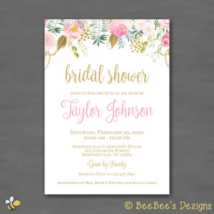 Pink Gold Simple Elegant Floral Bridal Shower Bridesmaids Lunch Bridal Brunch Bridal Shower Invitation; Printable File Printed Invitations;