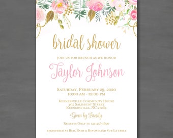Pink Gold Simple Elegant Floral Bridal Shower Bridesmaids Lunch Bridal Brunch Bridal Shower Invitation; Printable File Printed Invitations;