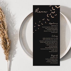 Halloween Wedding Menu Card, black and gold, bats theme - Digital