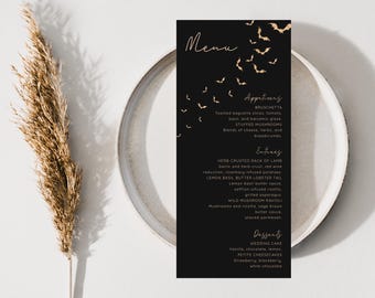 Halloween Wedding Menu Card, black and gold, bats theme - Digital