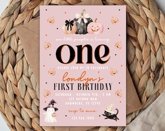 Editable First Birthday Invitation Template: Pumpkin Ghost Black Cat Design (Digital Download)