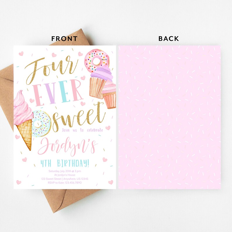 Four Ever Sweet Birthday Invitation Donut Birthday Party Four Ever Birthday Editable Instant Download Sweet Celebration 4th