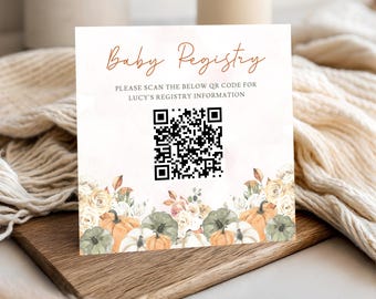 Little Pumpkin Baby Shower Registry Card – Fall Floral QR Code Template (Digital Download)