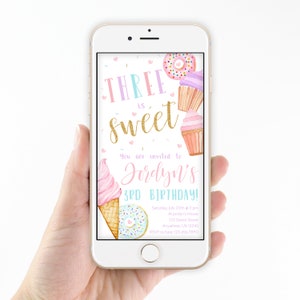 Three is Sweet Birthday, Girl 3rd Birthday, Text Message Invitation, Electronic Invitation, Text Invitation, Smartphone Invitation, Editable