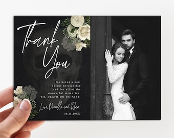 Halloween Thank You Card, Gothic Halloween Wedding Thank You, Photo Thank You, Death Do Us Part, Skulls, Edit, Instant Download, Templett