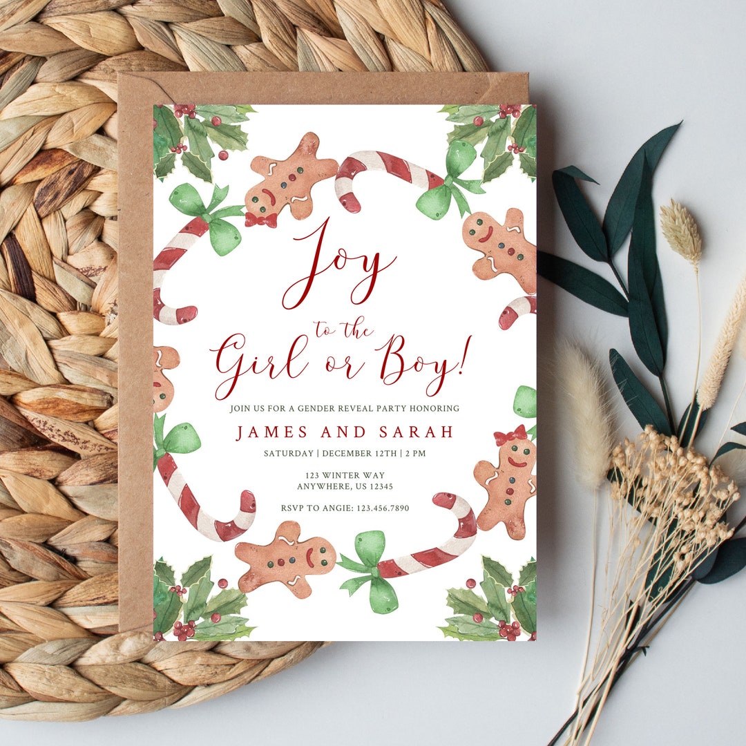 Christmas Gender Reveal Party, Gingerbread Invitation, He or She, Boy