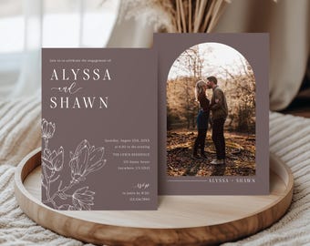 Minimalist Engagement Invitation, Arched Photo Design, Floral Accents (Digital File)