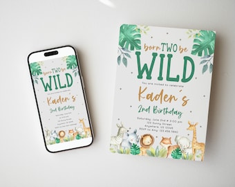 Born TWO Be Wild Birthday Invitation, Boy 2nd Birthday, Jungle Animal Birthday, Wild Theme, Party Animals, Editable Invitation, Template