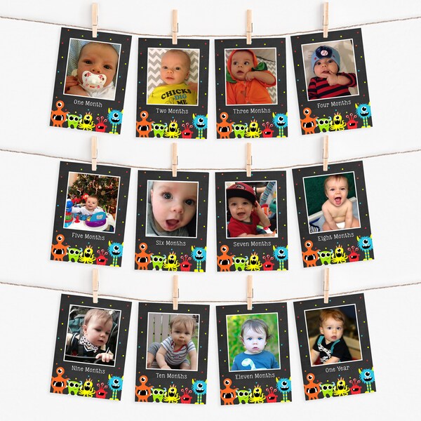 Monster 1st Birthday Photo Banner, Little Monster, 12 Months Photo Banner, 1st Year Banner, Editable Banner, Instant Download, Template