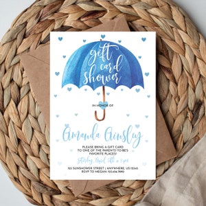 Convite para chá de bebê com vale-presente, chá de bebê com vale-presente, chá de guarda-chuva, chá de bebê editável, download instantâneo, convite para chá de bebê da Templett