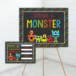 Adopt a Monster, Monster Adoption Sign, Adoption Game, Monster Birthday, Monster 1st Birthday, Little Monster, Instant Download, Templett