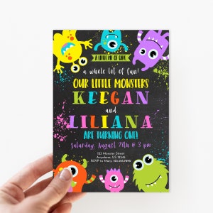 Twins Birthday Invitation Monster First Birthday Invitation Monster 1st Birthday A Little Cake A Lot Of Fun Editable Through Templett