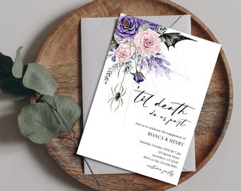 Death Do Us Part Engagement Party Invitation - Gothic Spider Theme - Purple Black, 5x7 Digital File