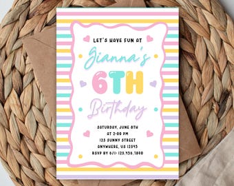 Pastel Stripes Birthday Invitation, 5x7 Editable Template (Digital Download)