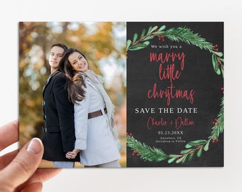 Christmas Save the Date, Marry Little Christmas, Wreath Save the Date Template, Winter Save The Date, Instant Download, Editable Template