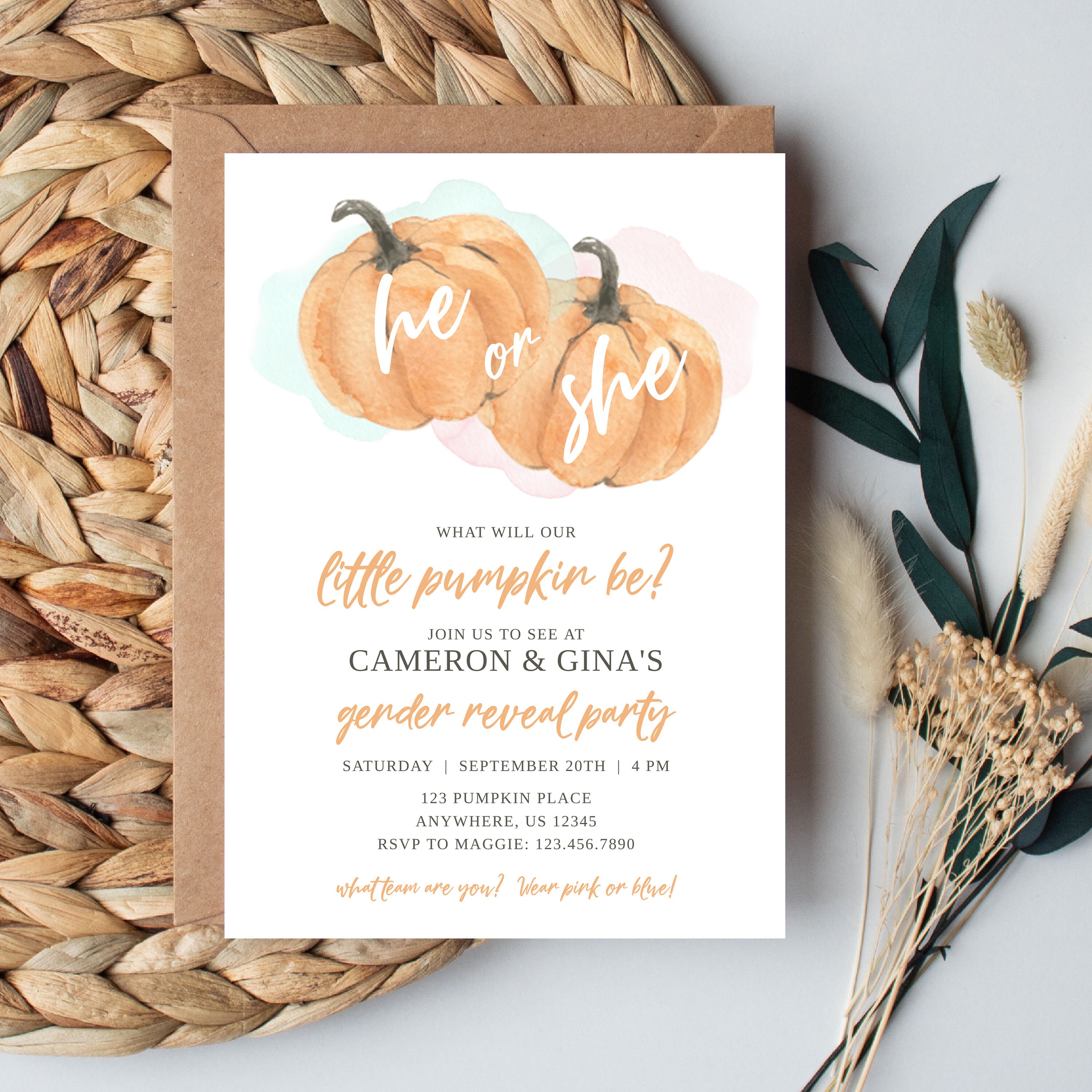Pumpkin Gender Reveal Invitation He or She Boy or Girl Little Pumpkin Gender Reveal Party Invitation Editable Through