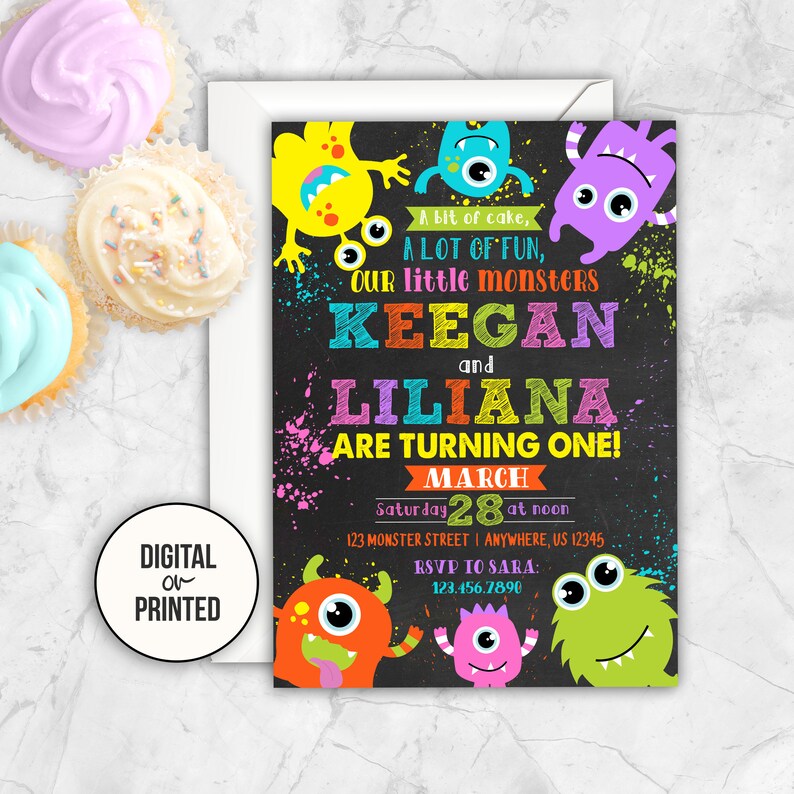 Twins Birthday Invitation Twin Boy and Girl Monster 1st Etsy