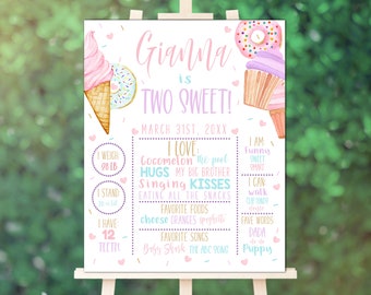 Two Sweet Birthday Poster, Editable Stats Poster, Girl 2nd Birthday, Sweet Celebration, Instant Download, Editable with Templett, Sweets