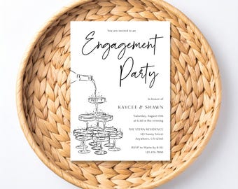 Champagne Tower, Black And White Engagement Party Invitation | Editable Digital Template | 5x7
