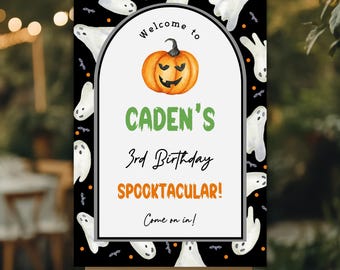 Welcome Sign, Kids Halloween Party Poster | Editable Digital Template, Pumpkin Ghost Design | 24x36
