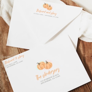 Pompoenenvelop, gender Reveal-feest herfst, herfstbabyshower, kleine pompoen, sjabloon voor mailing en geadresseerde retourenvelop bewerkbaar