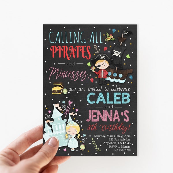 Pirates and Princesses, Combined Birthday, Pirate Birthday, Princess Birthday, Instant Download, Edit with Template, Invitation Template