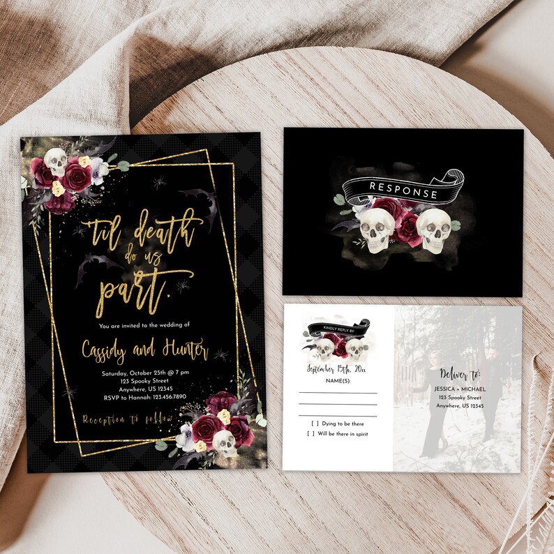 Halloween Wedding Invitation, Wedding Template, Skull Wedding, Gothic Wedding, Death do us Part, Editable File, Instant Download, Templett image 1