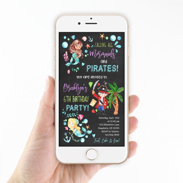 Mermaids and Pirates Birthday, Coed Birthday, Text Message Invitation, Electronic Invitation, Text Invitation, Smartphone Invitation