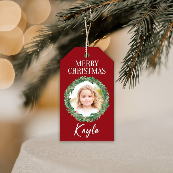 Christmas Gift Tag, Personalized Gift Tag, Wreath Gift Tag, Christmas Tag, Photo Gift Tag, Editable Template, Instant Download, Templett