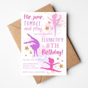 Gymnastics Birthday Invitation · Gym Birthday Party · Girl Birthday · Tumbling Party · Tumble and Play · Instant Download · Editable File