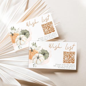 Kürbis 1. Geburtstag, kleiner Kürbis, Herbstgeburtstag, Kürbisgeburtstag, Wunschliste, QR-Code, Geschenkbeilage, bearbeitbare Datei, Sofort Download