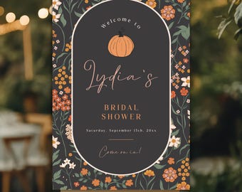 Moody Pumpkin Bridal Shower Welcome Sign, Floral Autumn Decor (Digital Download)