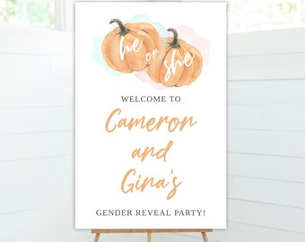 Pumpkin Gender Reveal, Welcome Sign, Little Pumpkin, Baby Reveal, He or She, Editable Sign,  Banner Poster Editable Through Templett