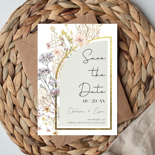 Wildflower Save The Date, Wildflower Arch Save The Date, Boho Save The Date, Wedding Save The Date, Instant Download, Self Editable Template