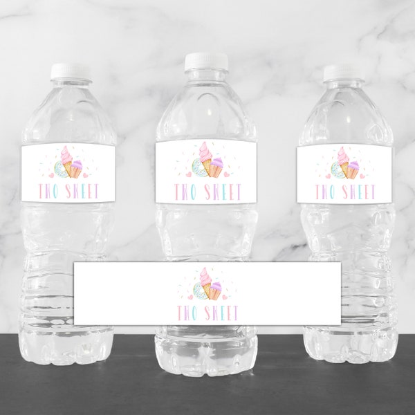 TWO Sweet Birthday Party, Bottle Labels, Sweet Celebration Birthday Water Bottle Label, Editable Template, Instant Download, Templett