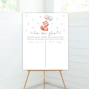Juego de revelación de género de What the Fox, letrero para adivinar si es niño o niña, juego para baby shower, letrero para fiesta imprimible, plantilla editable, descarga instantánea