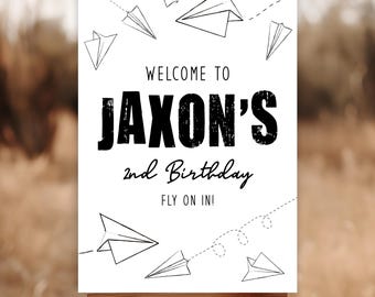 Paper Airplane Birthday Welcome Sign | Editable Aviation Theme Poster (24x36)
