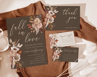 Fall Baby Shower Invitation Suite, Burlap Floral Templates (Digital Download)