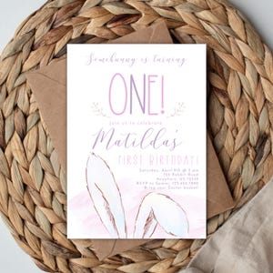 Easter Birthday Invitation, Bunny Party Invite, Somebunny is One, Rabbit Theme, 1st Birthday, Digital Download, Editable Template