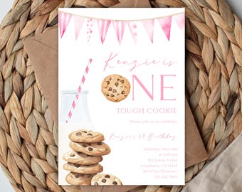 Editable 1st Birthday Invitation, Pink Milk & Cookies Theme (Digital Template)