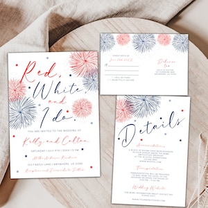 Vermelho, Branco e Eu Aceito, Convite de Casamento para o 4 de Julho, Conjunto de Convites de Casamento com Fogos de Artifício, Convite para o 4 de Julho, Convite de Casamento Editável