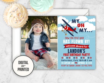 Airplane Birthday Invitation  Photo Birthday Boy Airplane Invitation First Birthday Time Flies First Birthday Boy 1st Birthday Invitations