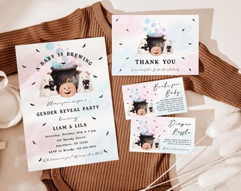 Halloween Gender Reveal Suite – Editable Invitation, Thank You, Raffle Ticket (Digital Download)