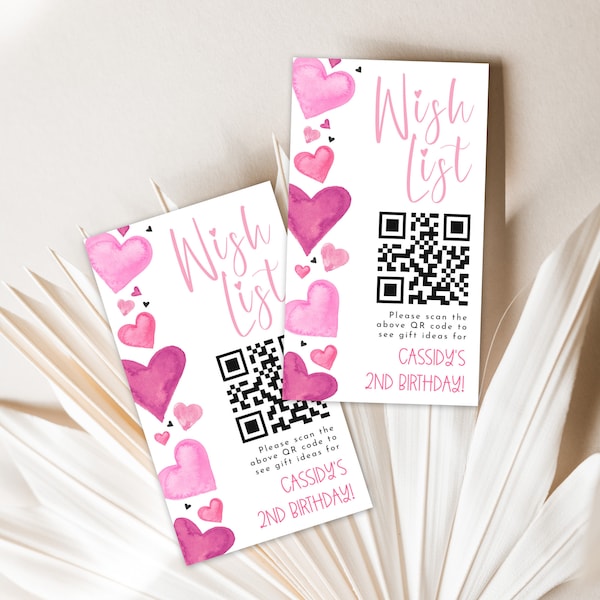 Birthday wish List, QR Scan, TWO Sweet, Heart Birthday, Valentine's Birthday, Wish List Card, QR code, Gift Insert, Instant Download