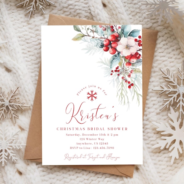 Christmas Bridal Shower Invitation, Frosted Florals Stationery | Editable Digital Template | 5x7
