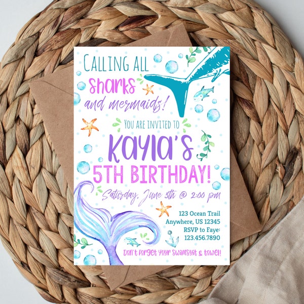 Sharks and Mermaids Birthday Invitation, Mermaid Party, Shark Party, Kids Birthday Invitations, Instant Download, Edit with Templett